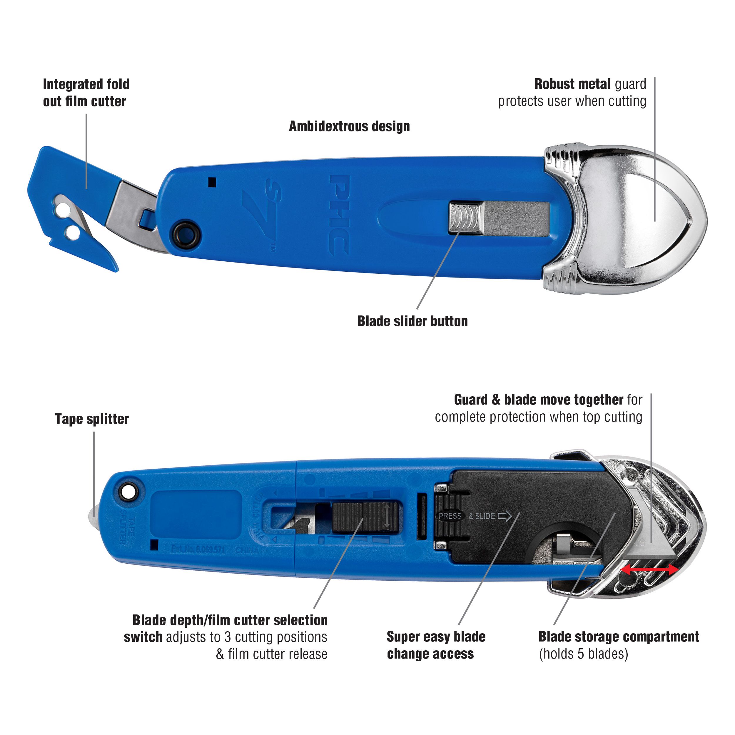Safety Knife Box Cutter with Self-Retracting Blade, Includes Holster &  Lanyard